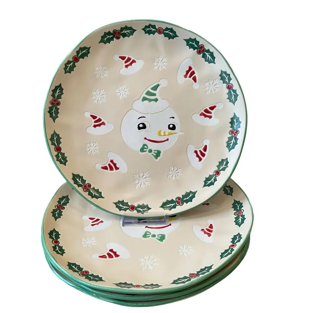 ELI + ANA Christmas VINTAGE SNOWMAN Dinner Plate 11in Set of 4 Ceramic New